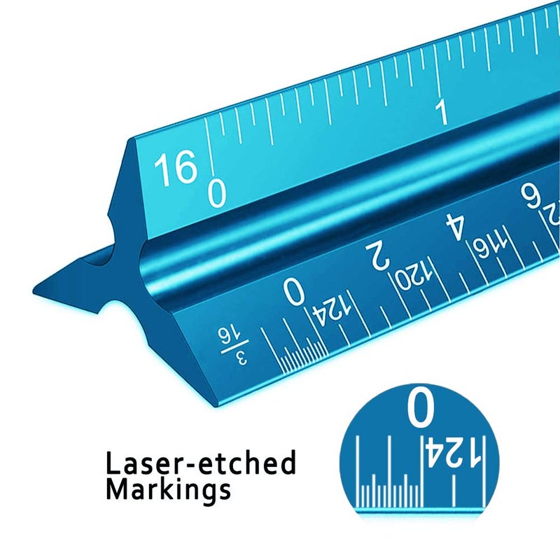 Rena Chris 2PCS Architectural Scale Ruler: 12"" Imperial Aluminum Triangular Scale Ruler, Laser-Etched Architecture Ruler, Drafting & Architect Ruler for Architects, Students, Draftsman(Blue) - Image 2